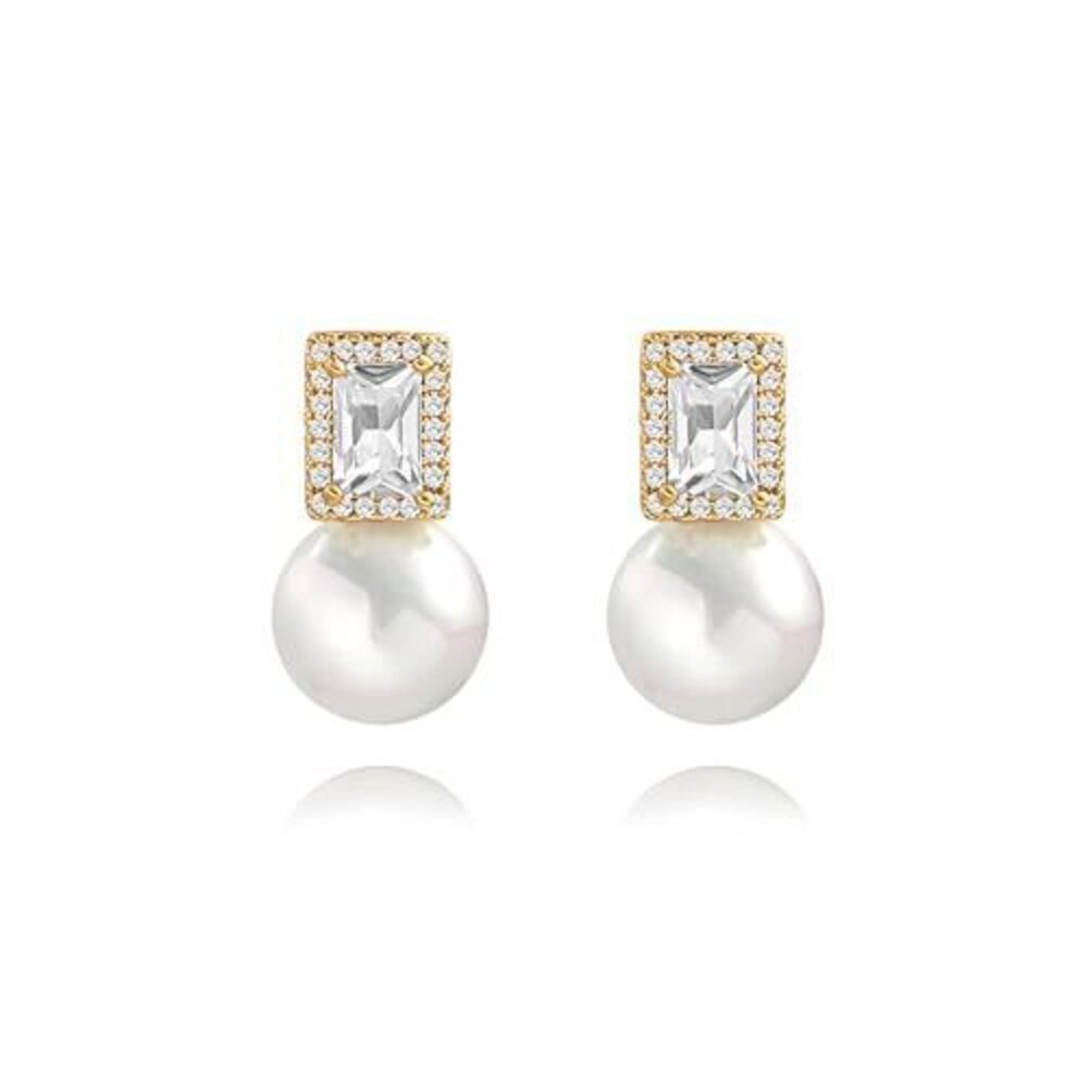 8082 18K Gold Pearl Drop Dangle Earrings Trendy Dainty Wedding Bridal CZ